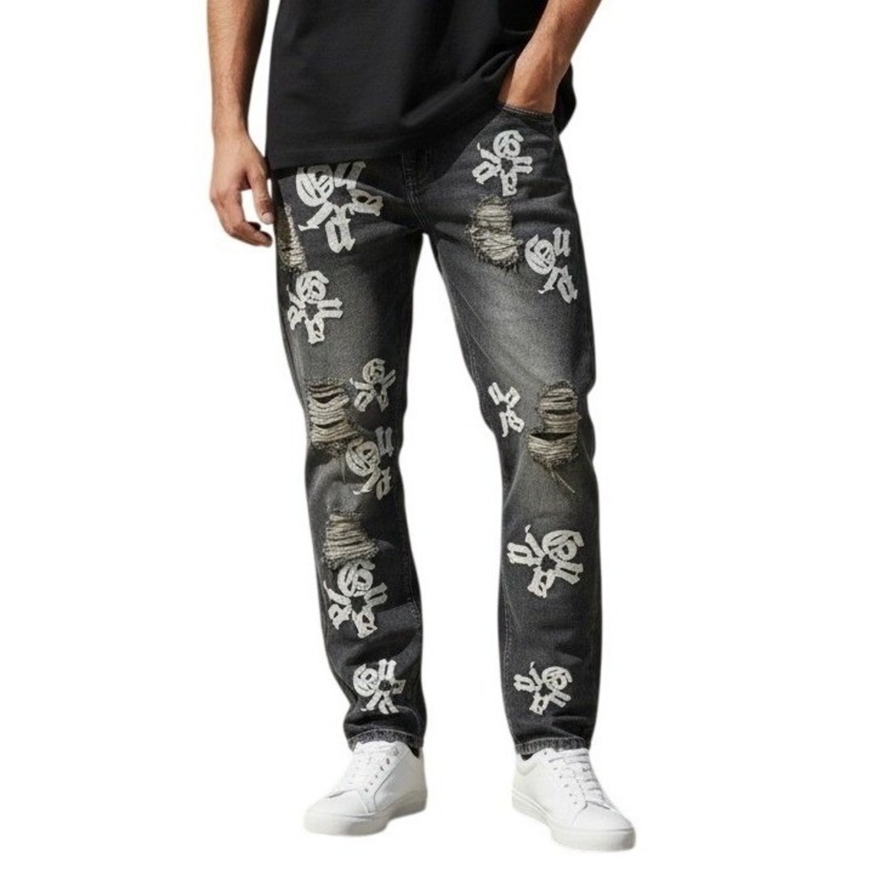 Unbranded Distressed Gothic Cross Patch Jeans Faded Black Streetwear Mens 36